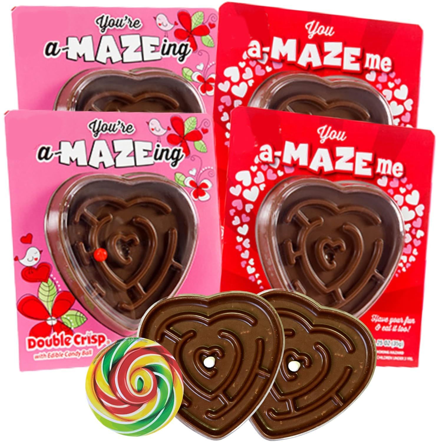 Valentines Day Milk Chocolate Hearts with Valentine Cards, You re Amazing Maze Shaped Candy with Edible Ball, Interactive Gifts for Girls and Boys, 4 Pack