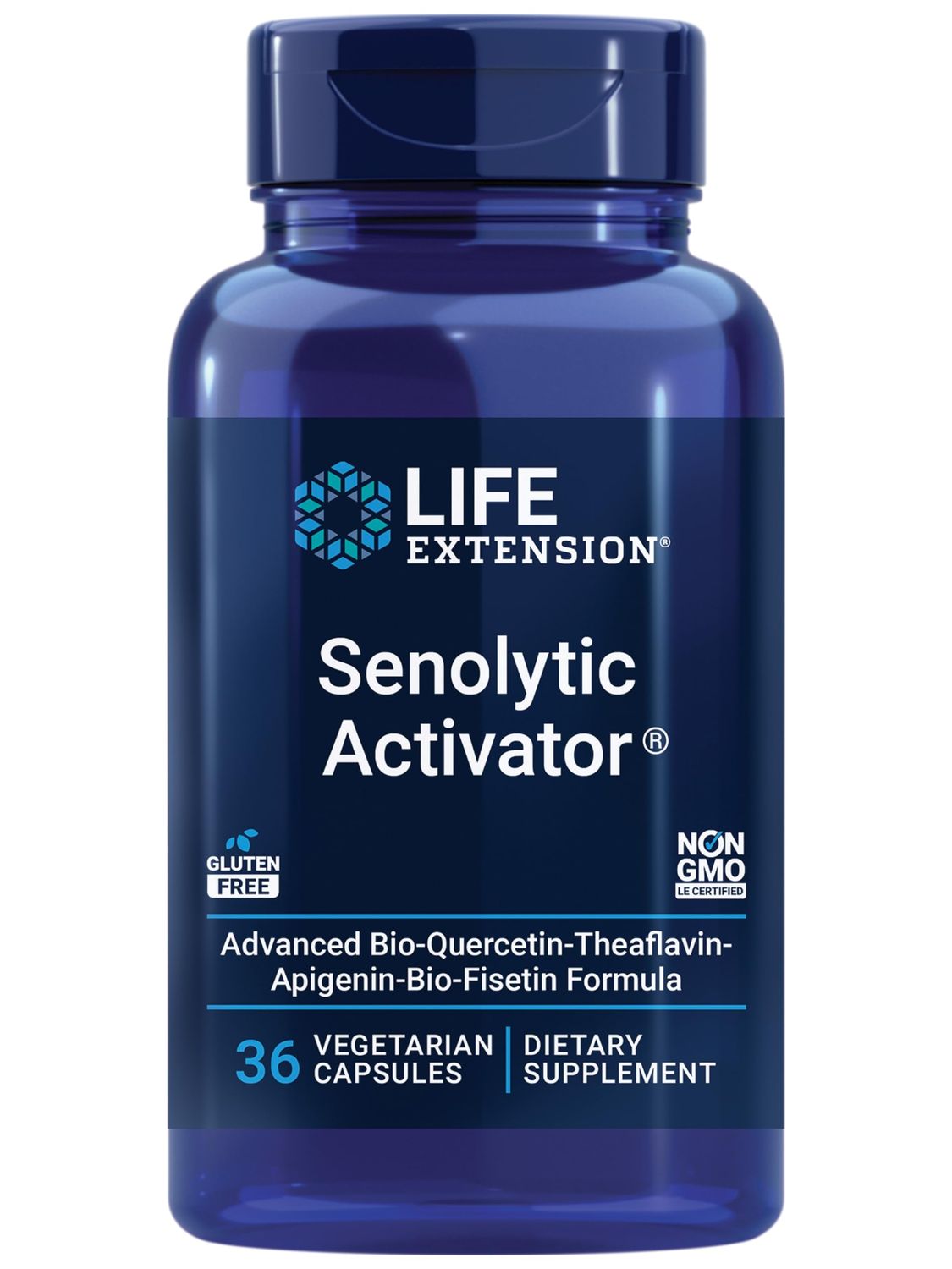 Life Extension Senolytic Activator , healthy aging, cellular health support, bioavailable quercetin and fisetin, apigenin, black tea theaflavins, gluten free, non-GMO, vegetarian, 36 capsules