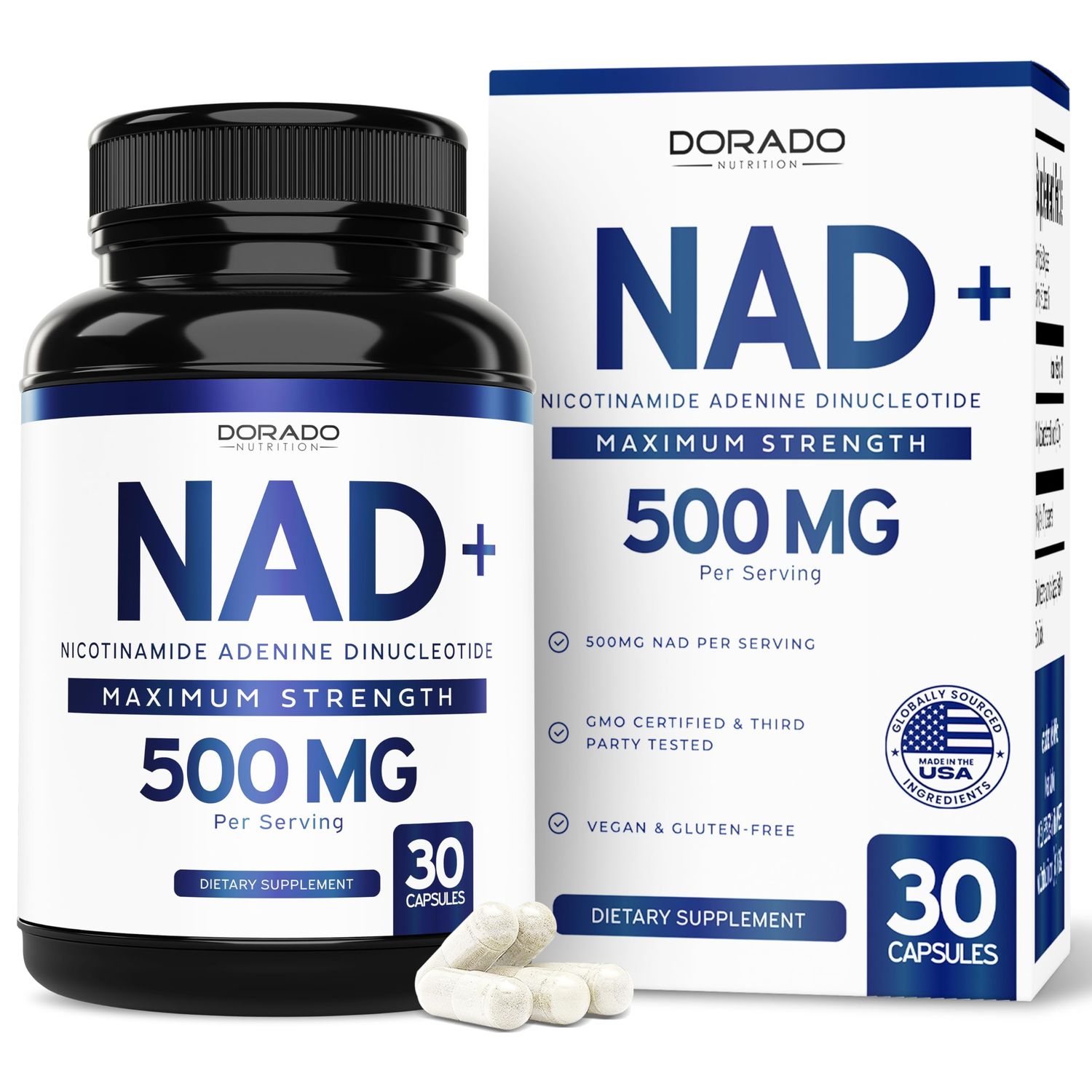 NAD Supplement 500mg of 95 Pure NAD Per Serving NMN Supplement, NAD Nicotinamide Riboside Support Third Party Tested, Vegan Safe, Non-GMO, No Fillers, Made in the USA - 30 Vegan Capsules
