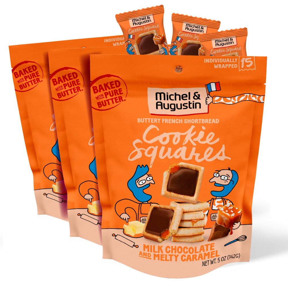 Michel et Augustin Treat 3-Pack of Gourmet Milk Chocolate &amp; Caramel Shortbread Cookies, 15 Individually Wrapped French Butter Cookies per Bag