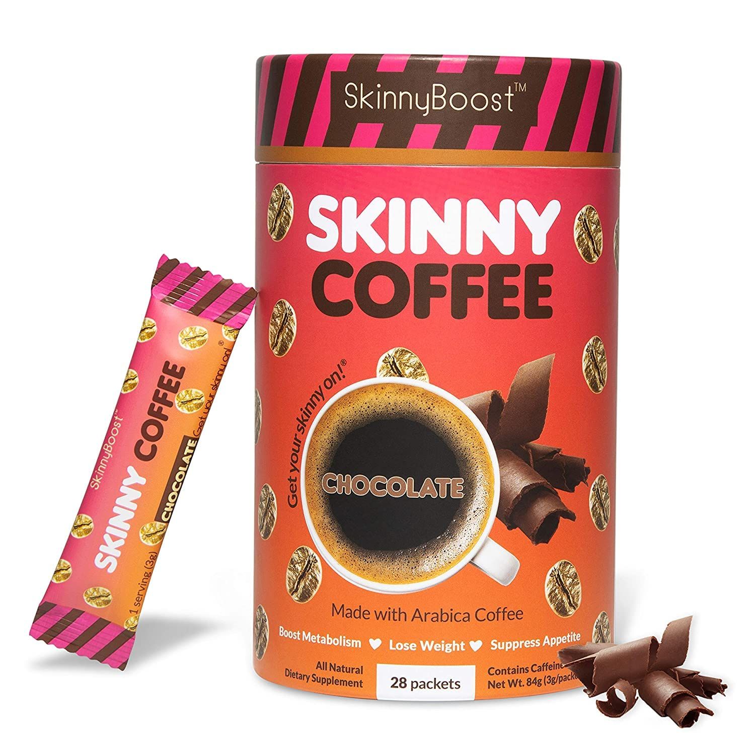 Skinny Boost Skinny Coffee- Chocolate Instant Sticks Made with Arabica Coffee, Garcinia Cambogia, Green Tea Extract, Coffee Bean Extract, and Prebiotics- Keto Friendly. 28 Packets