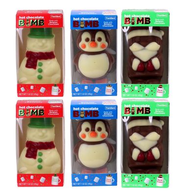 Assorted Holiday Themed Hot Chocolate Bombs Pack of 6, 2 Santa Shaped, 2 Penguin Shaped, 2 Snowman Shaped Stocking Stuffers, By Frankford Candy