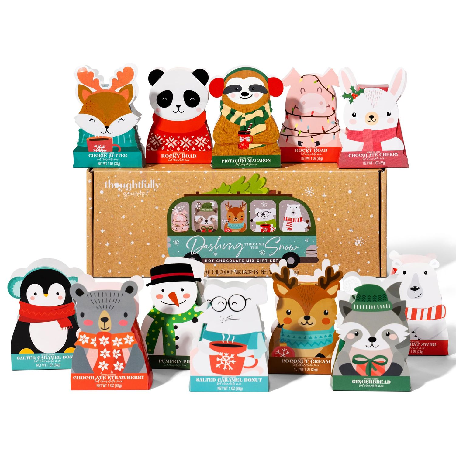 Thoughtfully Gourmet, Hot Chocolate Gift Set in Holiday Character Packaging, Flavors Include Rocky Road, Cookies Butter, Pumpkin Pie More, Set of 12