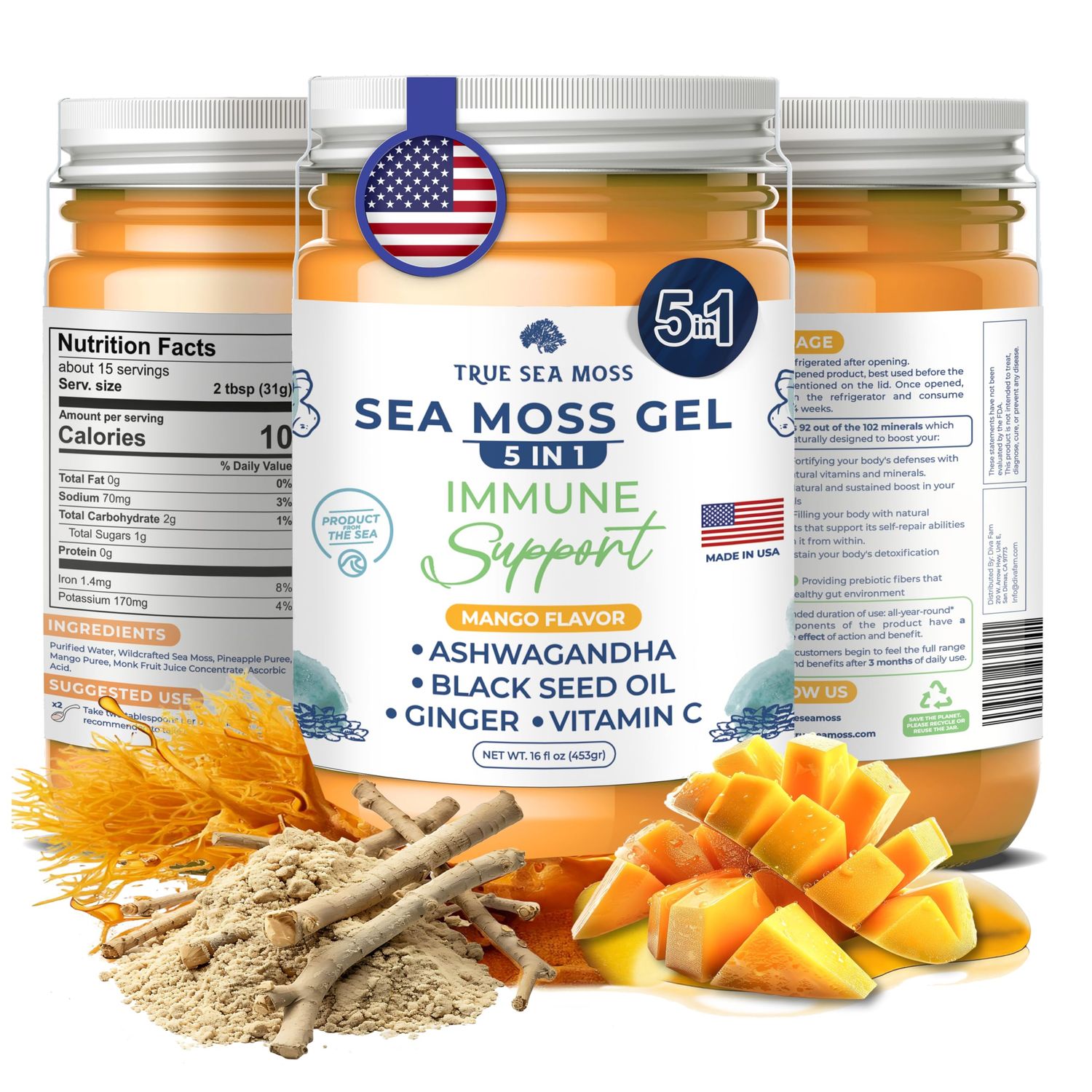 TrueSeaMoss Sea Moss Black Seed Oil Ashwagandha Ginger - Made with Irish Seamoss - Rich in Minerals Vitamins - Supports Health, Made in USA from Fresh Sea Vegetables 5 in 1, Pack of 1