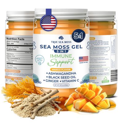 TrueSeaMoss Sea Moss Black Seed Oil Ashwagandha Ginger - Made with Irish Seamoss - Rich in Minerals Vitamins - Supports Health, Made in USA from Fresh Sea Vegetables 5 in 1, Pack of 1