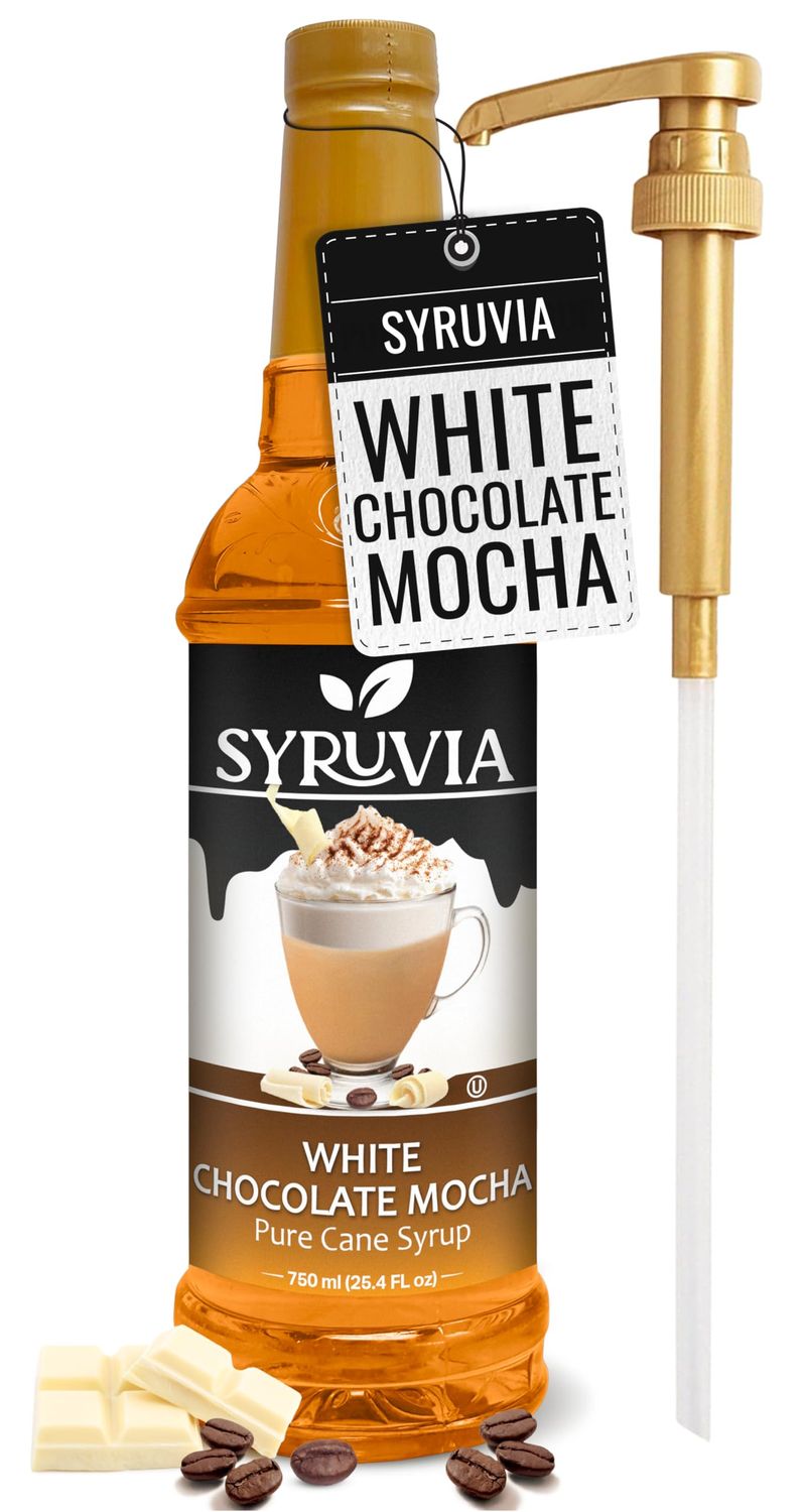 Syruvia White Chocolate Mocha Coffee Syrup - 25.4 fl oz Premium Coffee Flavoring Syrup -No Coloring, Perfect for Drinks, Soda, Shakes, Desserts, and More With Pump