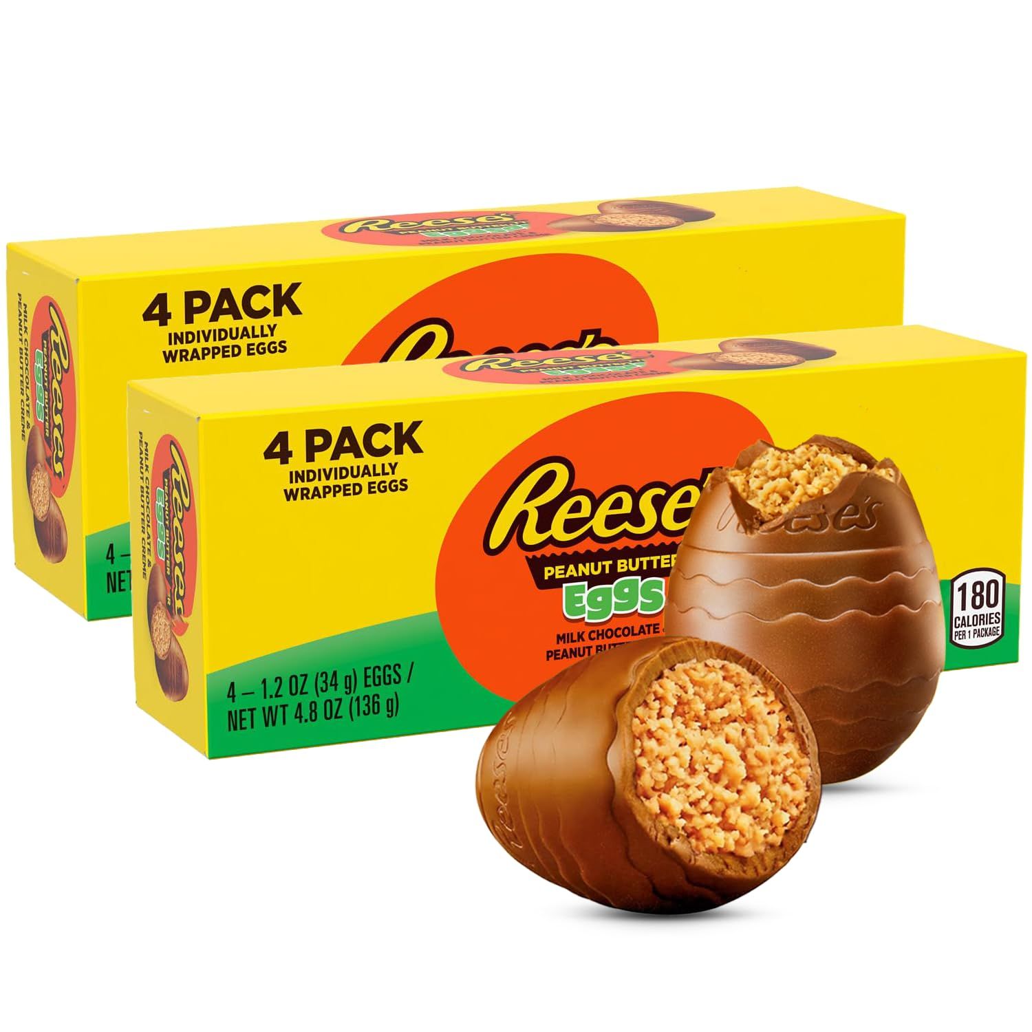 Reese Creme Eggs Easter Candy 2 Pack - Milk Chocolate Peanut Butter Eggs Individually Wrapped Easter Candy For Parties, Egg Hunt, Snacks Treats - 8 Large 1.2oz Eggs