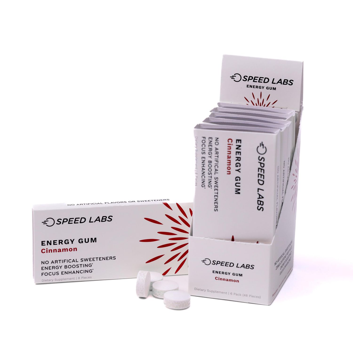 Speed Labs Cinnamon Natural Caffeine Energy Gum 25mg Caffeine, Taurine, B Vitamins Per Piece, 48 Pieces 6 Packs of 8 Sugar Free, Zero Calories, Naturally Sweetened, Gluten Free