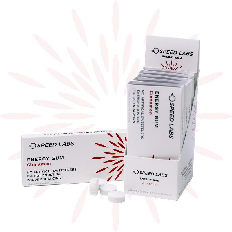 Speed Labs Cinnamon Natural Caffeine Energy Gum 25mg Caffeine, Taurine, B Vitamins Per Piece, 48 Pieces 6 Packs of 8 Sugar Free, Zero Calories, Naturally Sweetened, Gluten Free