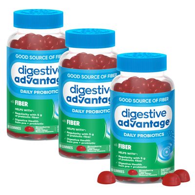 Digestive Advantage Prebiotic Fiber Supplement Strawberry Flavor Gummies with Probiotics for Women Men Digestive Health, Adults Regularity and Gut Health, 60 Count 3 Pack