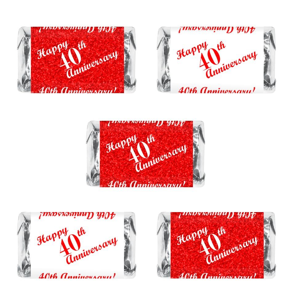 40th Anniversary Miniatures Candy Bar Wrapper, Set of 60 Mini Candy Chocolate Bar Stickers; Red and White, Candy Not Included. Made in USA