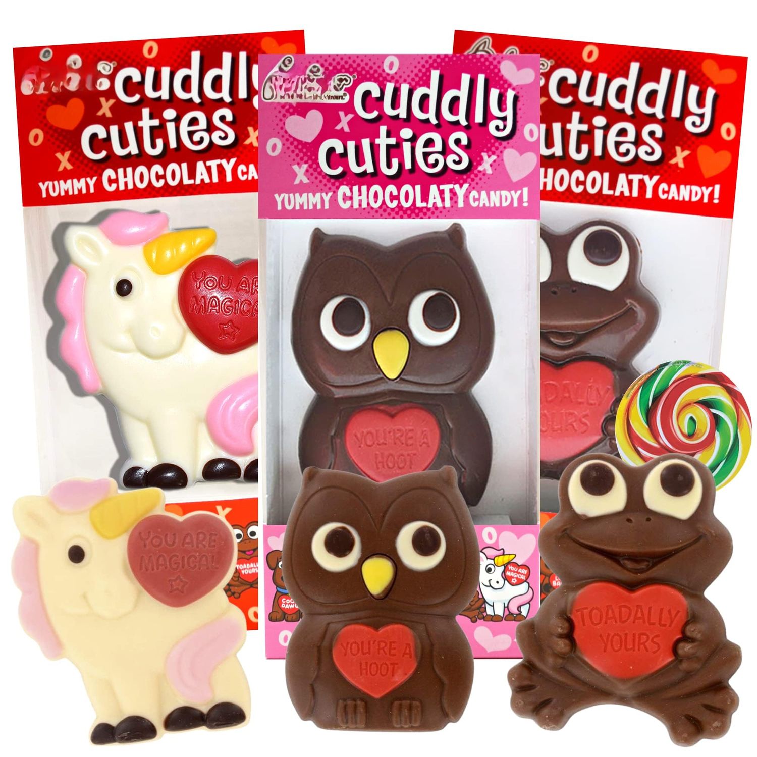 Animal Shaped Milk Chocolate Gifts, Valentines 2025, Style May Vary, 2.5 Ounces Unicorn, Dog, Racoon, Frog, Polar Bear, Owl 3 Pack