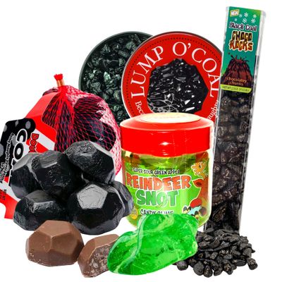 Santas Naughty List Gift Set, Bubble Gum and Chocolate Coal, Reindeer Snot Edible Slime, and Choco Rocks, Funny Christmas Candy Gag Gift, 4 Items