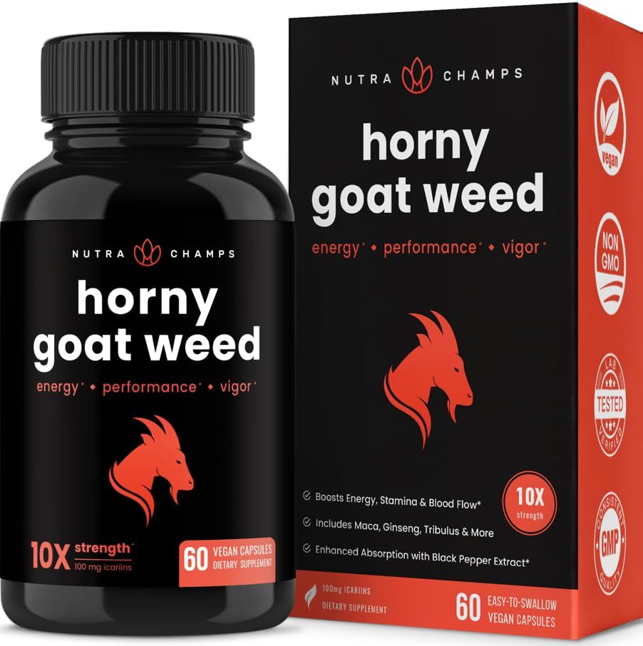 NutraChamps Horny Goat Weed, 1000mg Epimedium Energy Supplement, 10X Strength Icariin, Ginseng, Tribulus Maca Pills for Women Men, Enhanced Absorption with Black Pepper, 60 Vegan Capsules