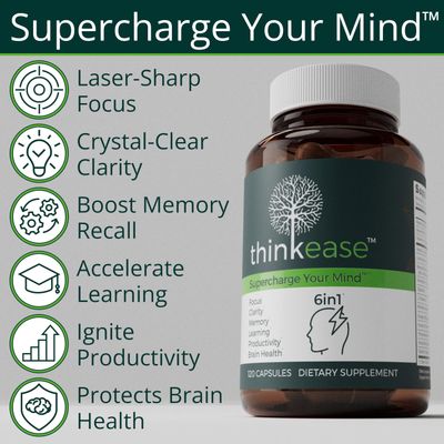 ThinkEase Brain Supplement 120 Capsules Memory, Mental Clarity, Focus, Cognitive Performance Nootropic Supplement with L-Theanine, Acetyl L-Carnitine, Phosphatidylserine, Lions Mane More