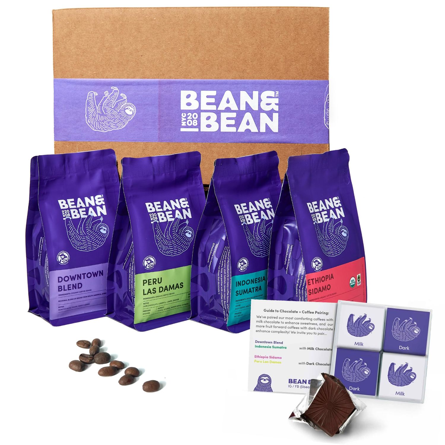 Bean Around the World Coffee Chocolate Gift Set - 4 x 1.8oz Coffee Samplers Paired with Belgian Chocolates - Organic Fair Trade - Includes Single Origin Medium Roast, Whole Bean