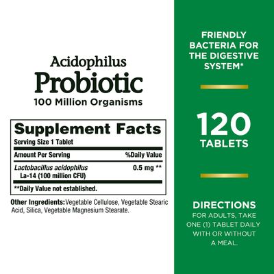 Natures Bounty Acidophilus Probiotic, Daily Probiotic Supplement, Supports Digestive Health, 1 Pack, 120 Tablets