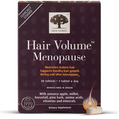 New Nordic Hair Volume Menopause, Supports Healthy Hair Growth During After Menopause, Nourishes Mature Hair for Post-Menopausal Women, 30 Tablets