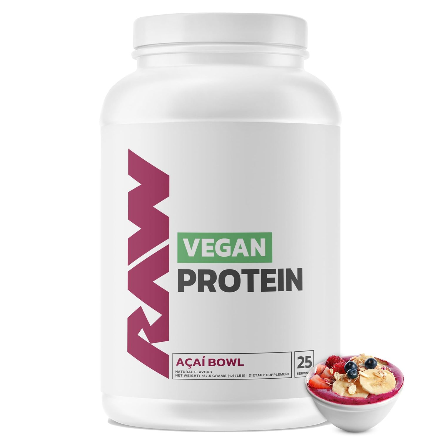 RAW Vegan Protein Powder, Acai Bowl - 20g of Plant-Based Protein Powder Fortified with Vitamins for Muscle Growth Recovery - Low-Fat, Low Carb, Naturally Flavored Sweetened - 25 Servings