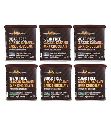 Castle Kitchen Sugar Free Caramel Premium Dark Hot Chocolate Mix 6 Pack, 48oz Total - Vegan, Dairy Free, Allergy Friendly, Plant Based - Keto and Diabetic Friendly - Mix with Milk Substitute