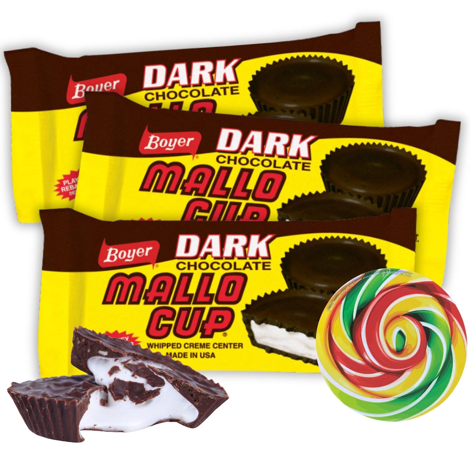 Sweetzo - Boyer Dark Chocolate Mallo Cup with Marshmallow Filling with Swirl Sticker, Party Favor Treats, 2 Cups per Sleeve, 1.5 Ounces Pack of 3