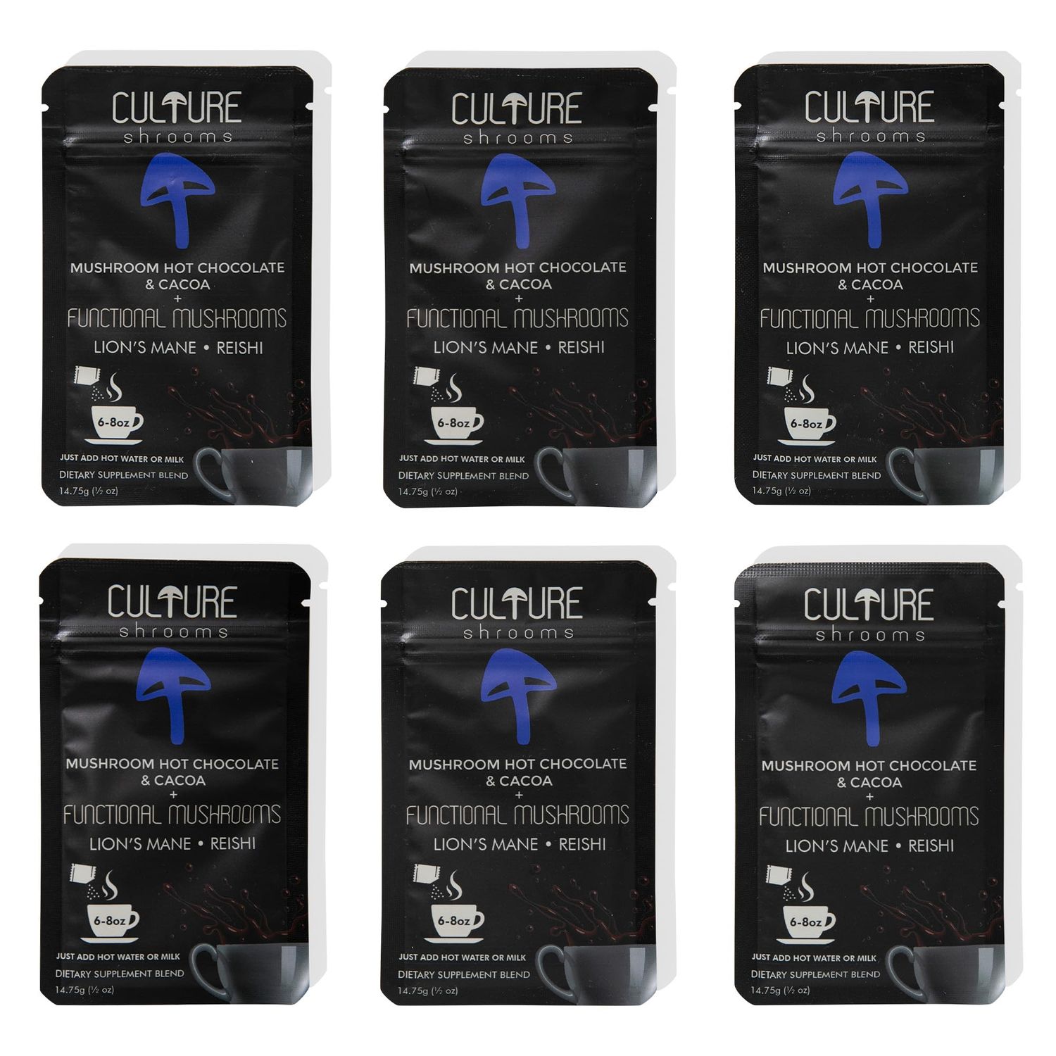 Culture Mushrooms Mushroom Hot Chocolate Mix, Single Serve, 6 Count, 5g of Protein, 52 Calories, Lions Mane, Reishi, Mental Focus and Clarity