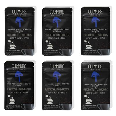 Culture Mushrooms Mushroom Hot Chocolate Mix, Single Serve, 6 Count, 5g of Protein, 52 Calories, Lions Mane, Reishi, Mental Focus and Clarity