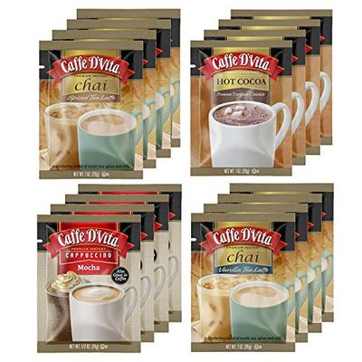 Caffe DVita Cappuccino Chai Assortment Spiced Tea Latte, Vanilla Tea Latte, Hot Cocoa, Mocha - Instant Cappuccino Chai Latte Mix, Gluten Free - 0.5 oz each, 16 Packets, 4 of Each Flavor