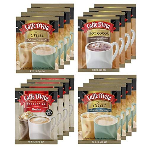 Caffe DVita Cappuccino Chai Assortment Spiced Tea Latte, Vanilla Tea Latte, Hot Cocoa, Mocha - Instant Cappuccino Chai Latte Mix, Gluten Free - 0.5 oz each, 16 Packets, 4 of Each Flavor