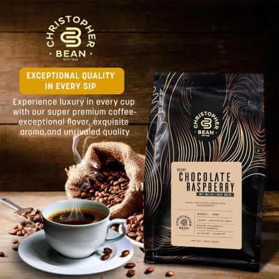 Christopher Bean Coffee - Decaf Ground Universal Drip Chocolate Raspberry Flavored Coffee with Medium Roast Chocolate Raspberry Coffee No Sugar with 100 Arabica, No Fats, Non-GMO 10-Ounce