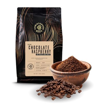 Christopher Bean Coffee - Decaf Ground Universal Drip Chocolate Raspberry Flavored Coffee with Medium Roast Chocolate Raspberry Coffee No Sugar with 100 Arabica, No Fats, Non-GMO 10-Ounce