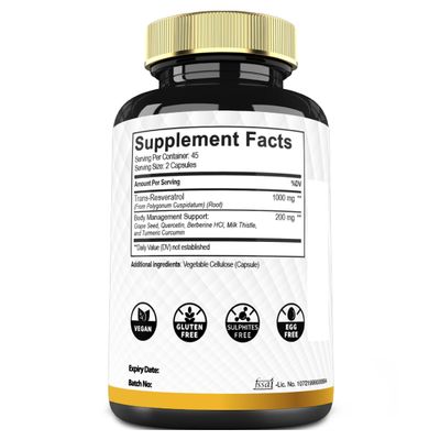 Trans Resveratrol Supplement with Grape Seed, Milk Thistle, and More - Resveratrol Organic - 6 Herbal Supports for Immune System, Heart Health, Body Management Joint Health - 90 Capsules