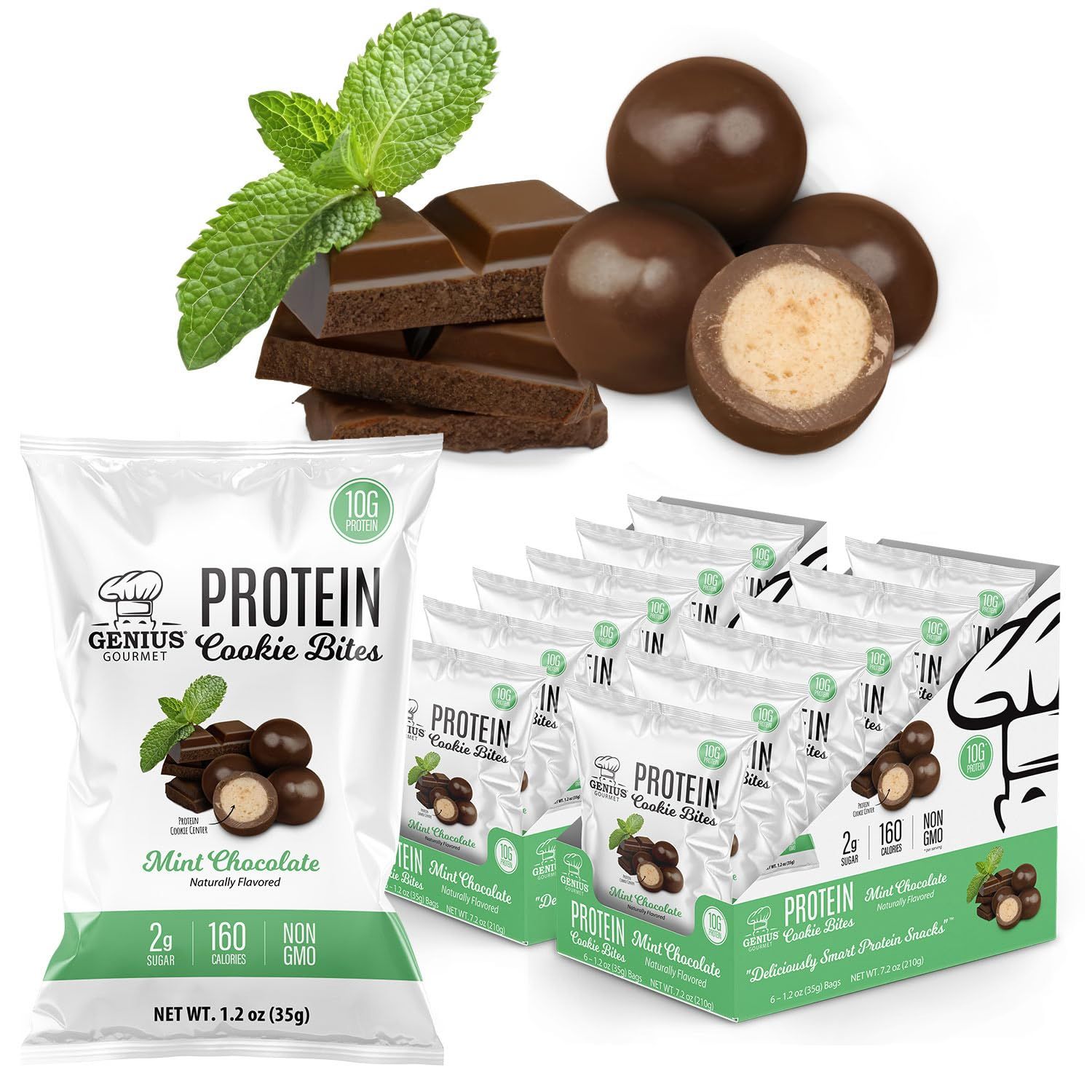Genius Gourmet Protein Cookie Bites Mint Chocolate - 10g Protein, No Added Sugar, Low Carb, Non-GMO - Sweet Protein Desserts Protein Snacks for Adults and Kids - 12 Bags