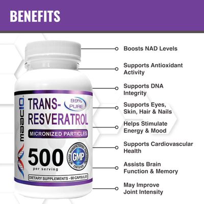 MAAC10 Trans Resveratrol 500mg Supplement Micronized Pharmaceutical Grade 99 Pure Trans-Resveratrol Extract BioPerine for Superior Absorption 2X 250mg Capsules 60ct