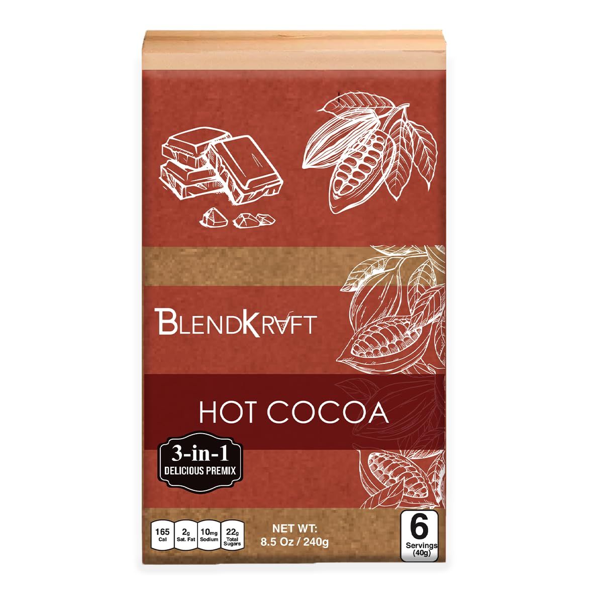 BLENDKRAFT HOT COCOA- Instant Mix Natural Ingredients No Artificial Colors Dark Chocolate Real Cocoa Rich, Creamy Thick Small Batch Just Add Hot WaterMilk 8.5 Oz 240 Gms - 6 SAchet Box