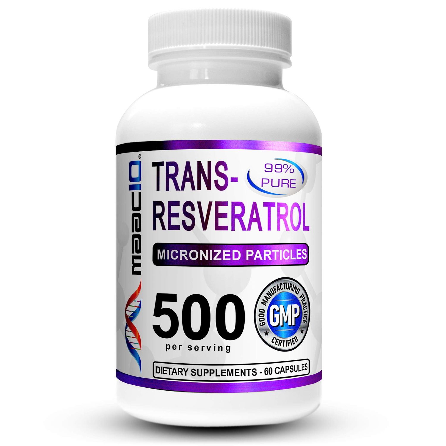 MAAC10 Trans Resveratrol 500mg Supplement Micronized Pharmaceutical Grade 99 Pure Trans-Resveratrol Extract BioPerine for Superior Absorption 2X 250mg Capsules 60ct