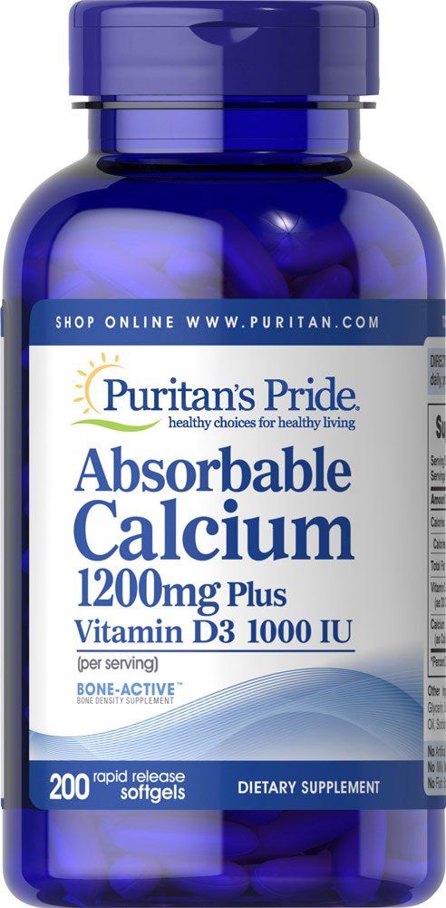 Puritans Pride Absorbable Calcium 1200 mg Plus Vitamin D3 25mcg 1000 IU With Bone-Active, Dietary Supplement For Bone Strength, Heart, Nerve, Muscle, And Immune Support, 200 Rapid Release Softgels