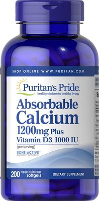 Puritans Pride Absorbable Calcium 1200 mg Plus Vitamin D3 25mcg 1000 IU With Bone-Active, Dietary Supplement For Bone Strength, Heart, Nerve, Muscle, And Immune Support, 200 Rapid Release Softgels