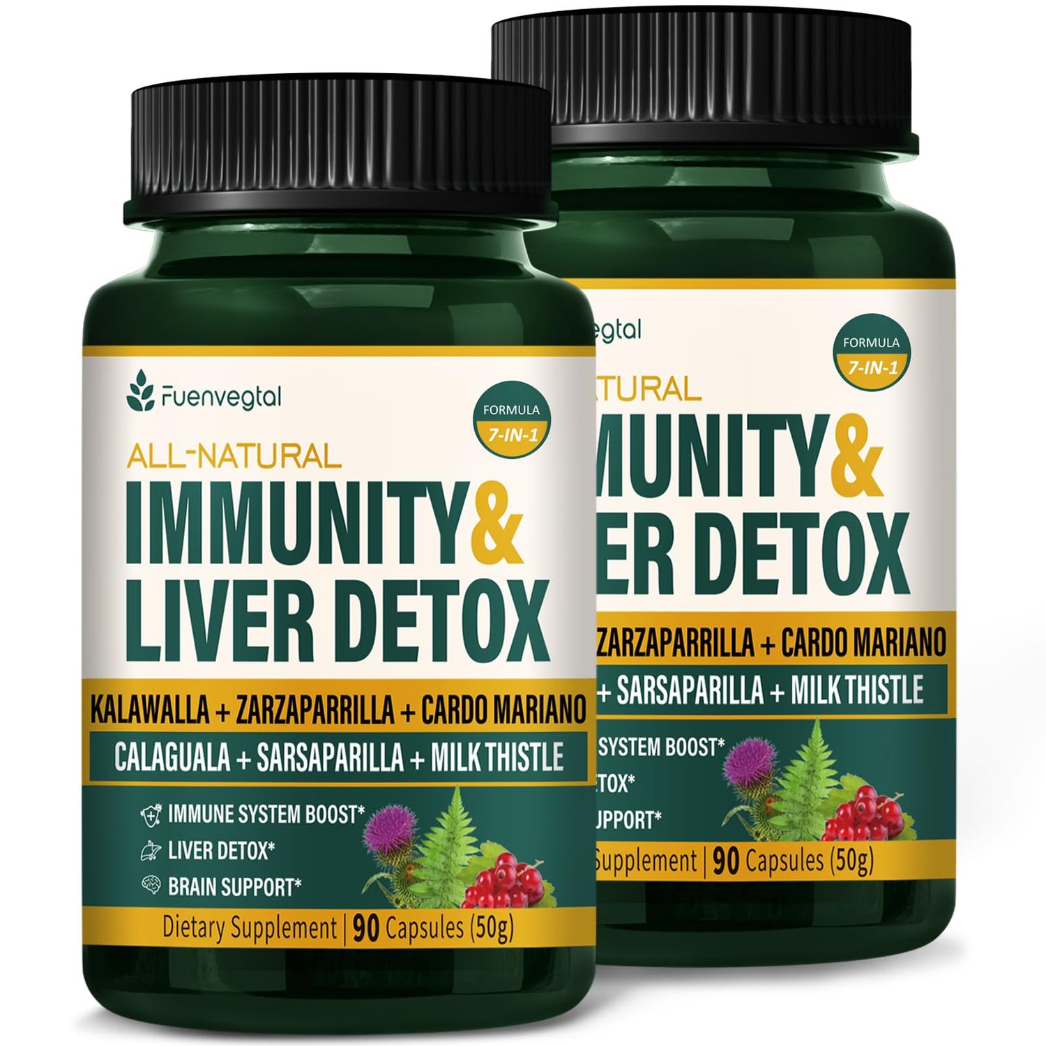 Fuenvegtal Kalawalla Liver Detox Immunity Booster - 180Capsules Natural Immune Support Supplement wSarsaparilla, Lions Mane Extract - Zarzaparrilla y Cardo Mariano para el Higado Graso.
