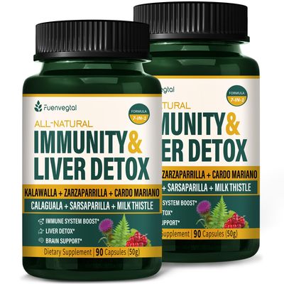 Fuenvegtal Kalawalla Liver Detox Immunity Booster - 180Capsules Natural Immune Support Supplement wSarsaparilla, Lions Mane Extract - Zarzaparrilla y Cardo Mariano para el Higado Graso.