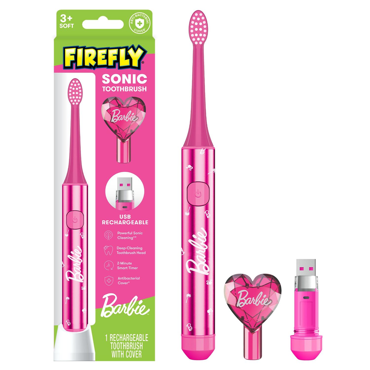FIREFLY Slim Sonic Barbie Toothbrush with USB Charging and Antibacterial Cover, Ages 3, 1 Count