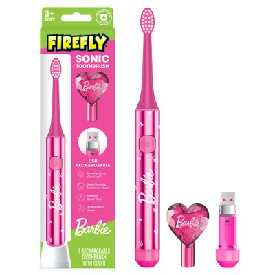 FIREFLY Slim Sonic Barbie Toothbrush with USB Charging and Antibacterial Cover, Ages 3, 1 Count