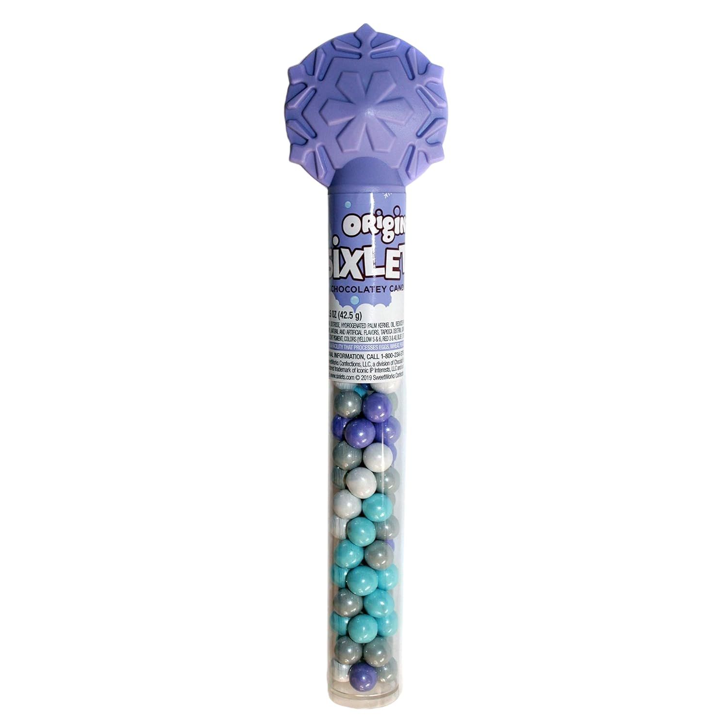 Original Chocolatey Candies in Cane with Snowflake Topper - 1.5 oz, Metallic White, Blue, Purple Green Candies, Festive Lavender Tube for Holiday Gifting Pack of 1, Original