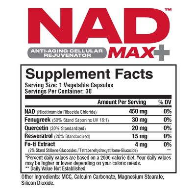 Metabolic Nutrition NAD MAX Plus 450mg of NAD Fenugreek, Quercetin, Resveratrol and Fo-ti Extract for Anti-Aging Cellular Rejuvination, Also Supports Cellular Energy,30 Vegetable Capsules