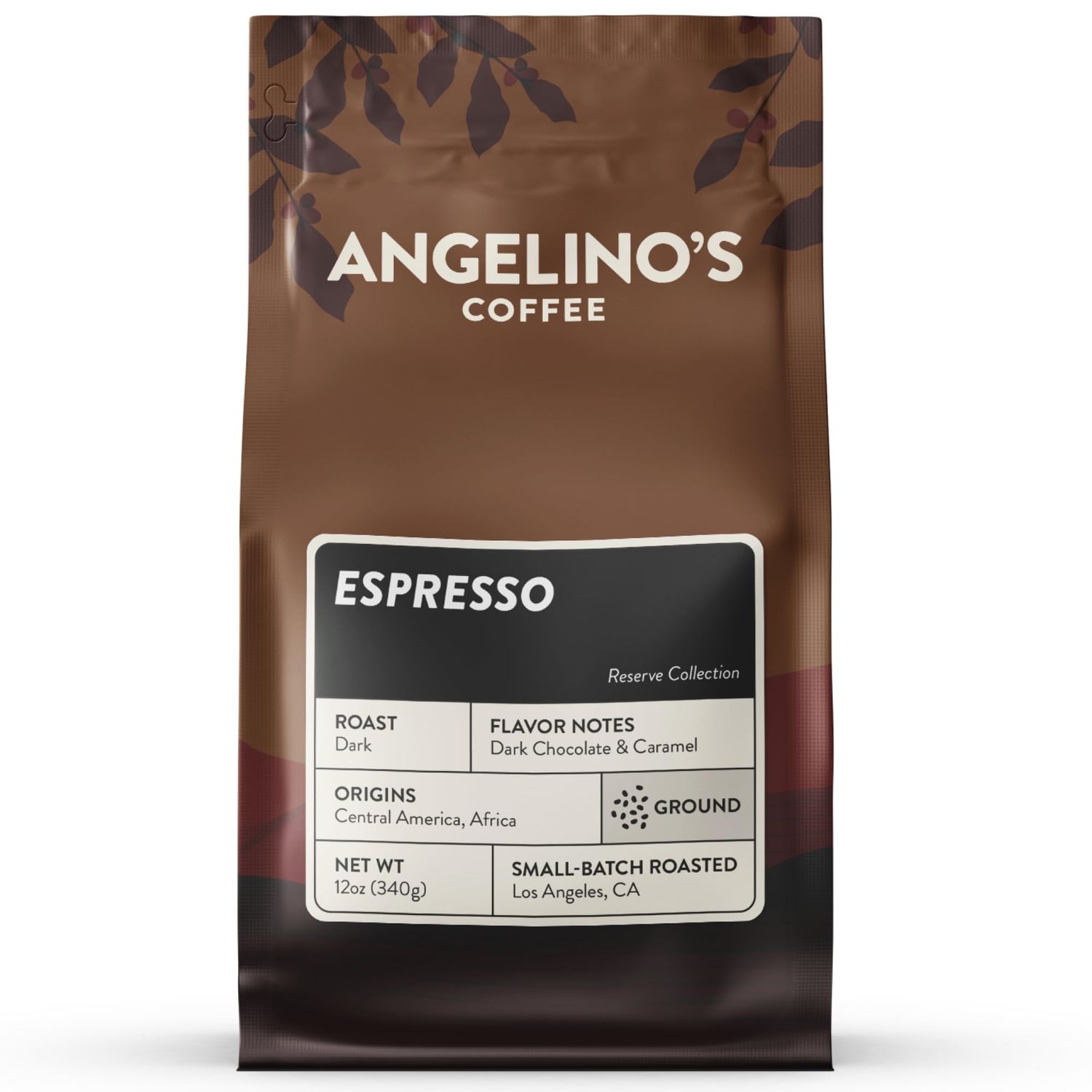 Angelinos Coffee Ground Espresso, 12oz - Dark Roast Espresso Ground Coffee with Notes of Dark Chocolate Hint of Caramel, Small Batch Reserve, Premium Ground Espresso Blend