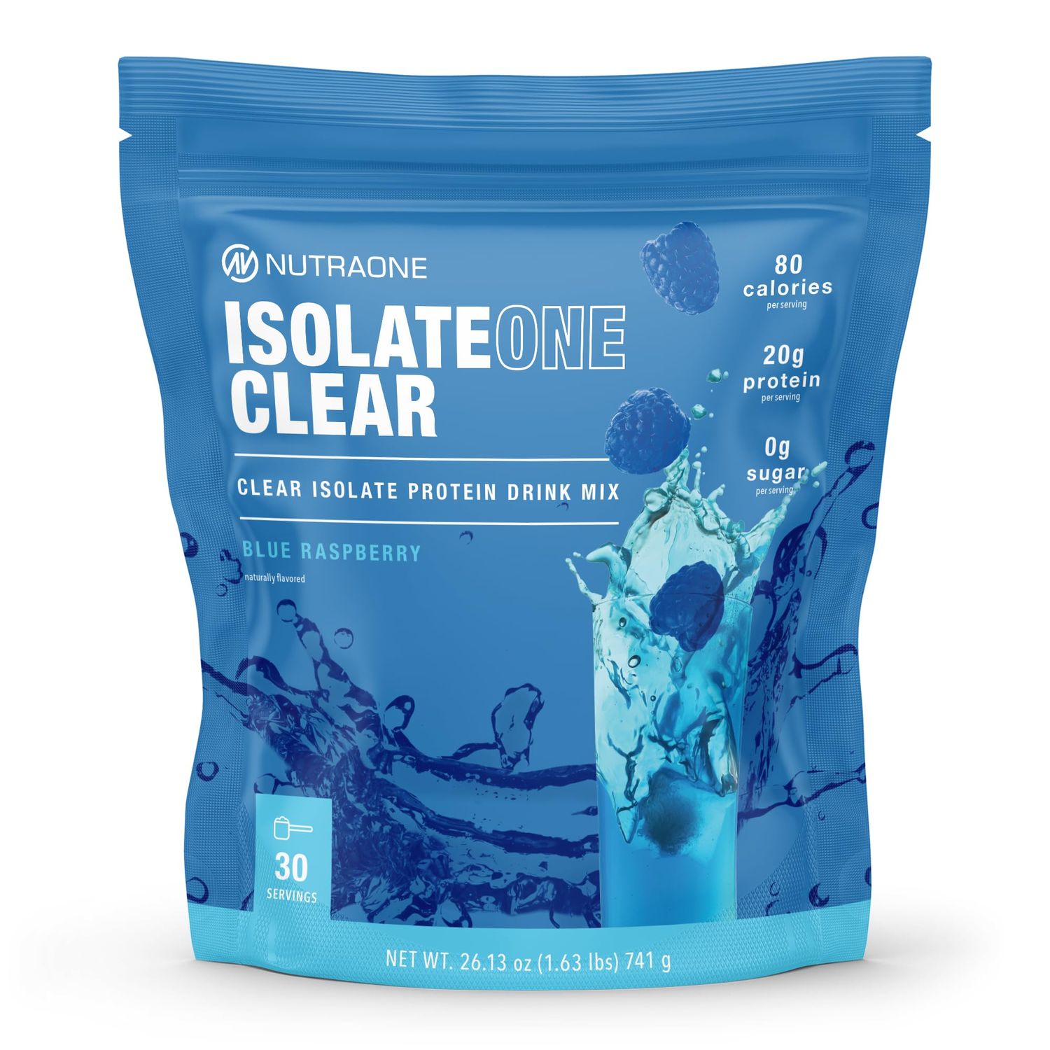 NutraOne Clear Whey Protein Powder Drink Mix, Naturally Flavored, Clear Protein Drink, 20g of Protein, Zero Sugar Blue Raspberry - 30 Servings