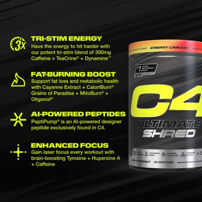 Cellucor C4 Ultimate Shred Pre Workout Powder, Metabolism Supplement with Cayenne Extract300mg CaffeineTeaCrineDynamine - Pink Lemonade, 20 Servings