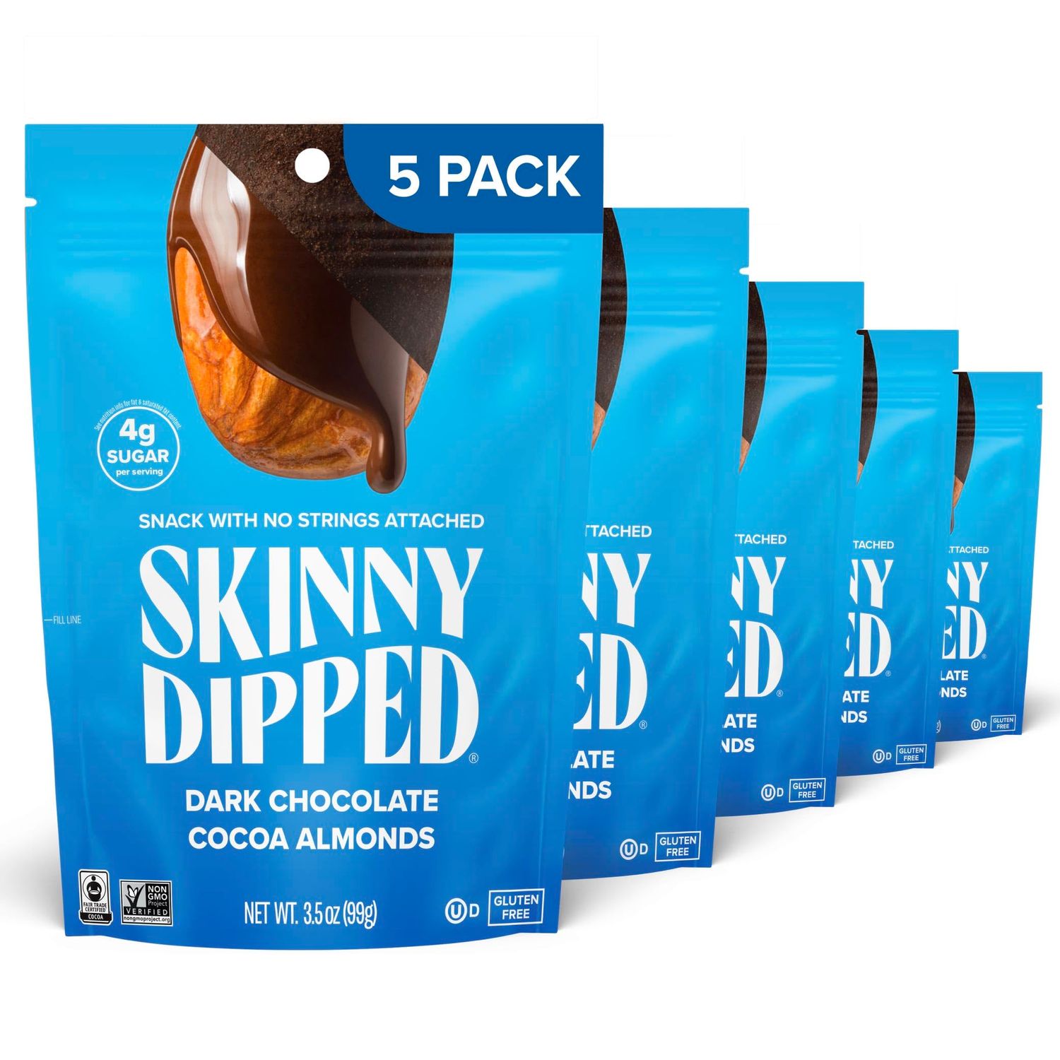SkinnyDipped Dark Chocolate Cocoa Almonds, Healthy Snack, Plant Protein, Gluten Free, 3.5 oz Resealable Bags Pack of 5