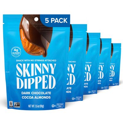 SkinnyDipped Dark Chocolate Cocoa Almonds, Healthy Snack, Plant Protein, Gluten Free, 3.5 oz Resealable Bags Pack of 5