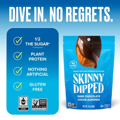 SkinnyDipped Dark Chocolate Cocoa Almonds, Healthy Snack, Plant Protein, Gluten Free, 3.5 oz Resealable Bags Pack of 5